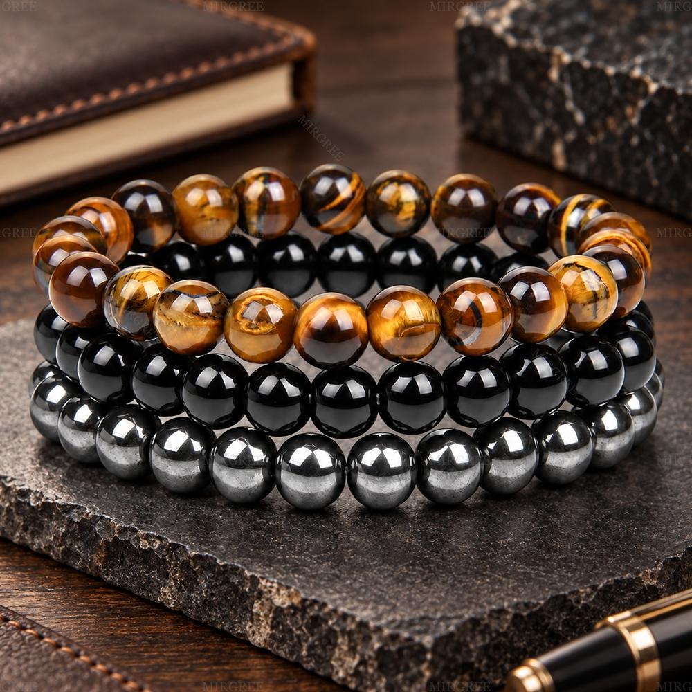 MIRGREE 3PCS/Set Natural Stone Beaded Bracelet Set for Men, Tiger Eye & Black Stretch Bracelets, Success, Focus & Confidence Inspired Jewelry Gift