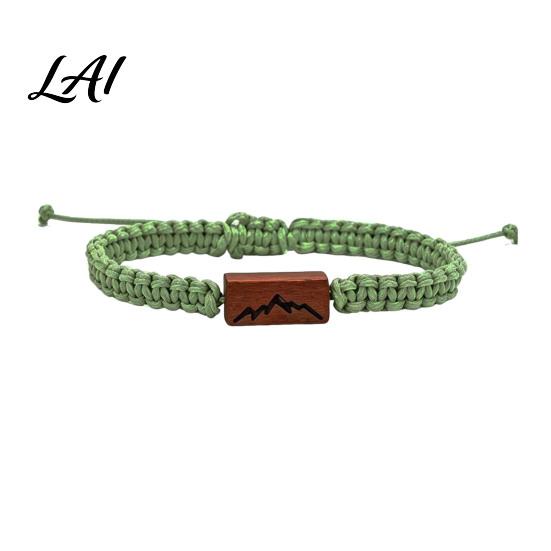 Simple Two Tone Woven Cord Adjustable Rope Bracelet with Wooden Charm Ocean Wave/Mountain for Durable Wear Resistant String Wristband Women