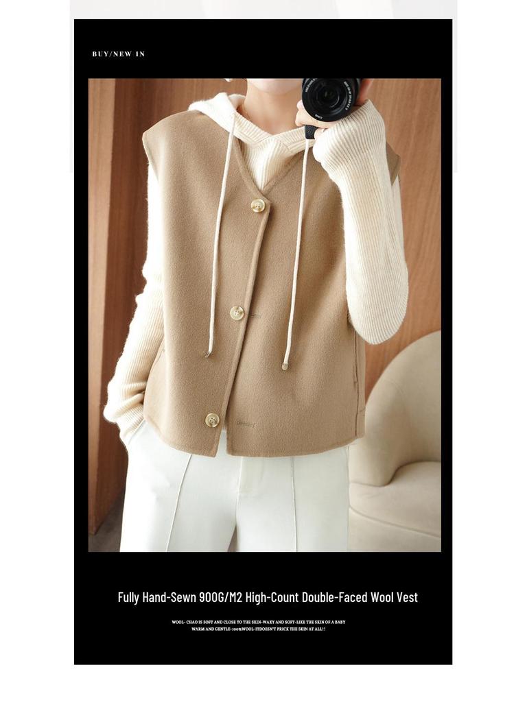 Women's V-Neck Wool Blend Sleeveless Cardigan with Shoulder Pads - 100% Wool, Double-Faced, Perfect for Autumn and Winter.