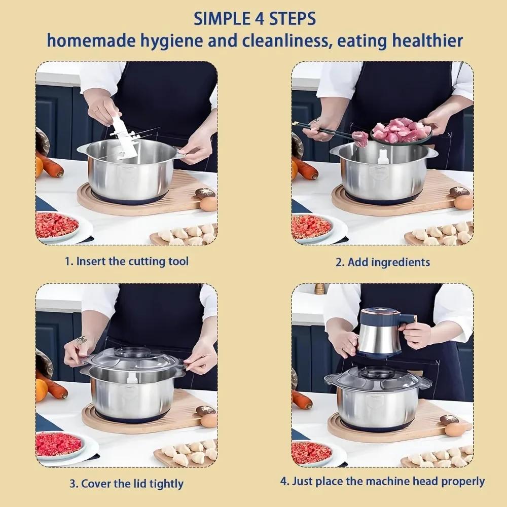 Mașină de tocat carne electrică, Robot de bucătărie, Tocător de carne din oțel inoxidabil, Tocător de legume cu capacitate de 5L, Potrivit pentru tocat alimente