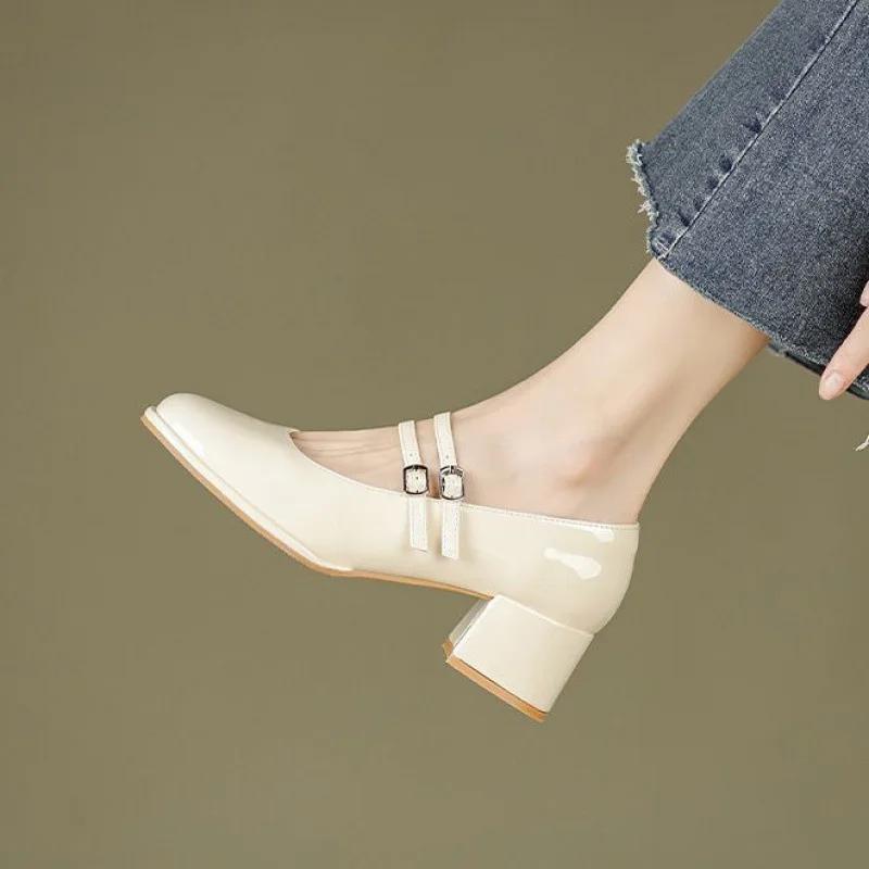Fashion Patent leather rough single-heeled women's shallow-mouthed women's shoes 2024 summer new style with a word belt Mary Jane shoes