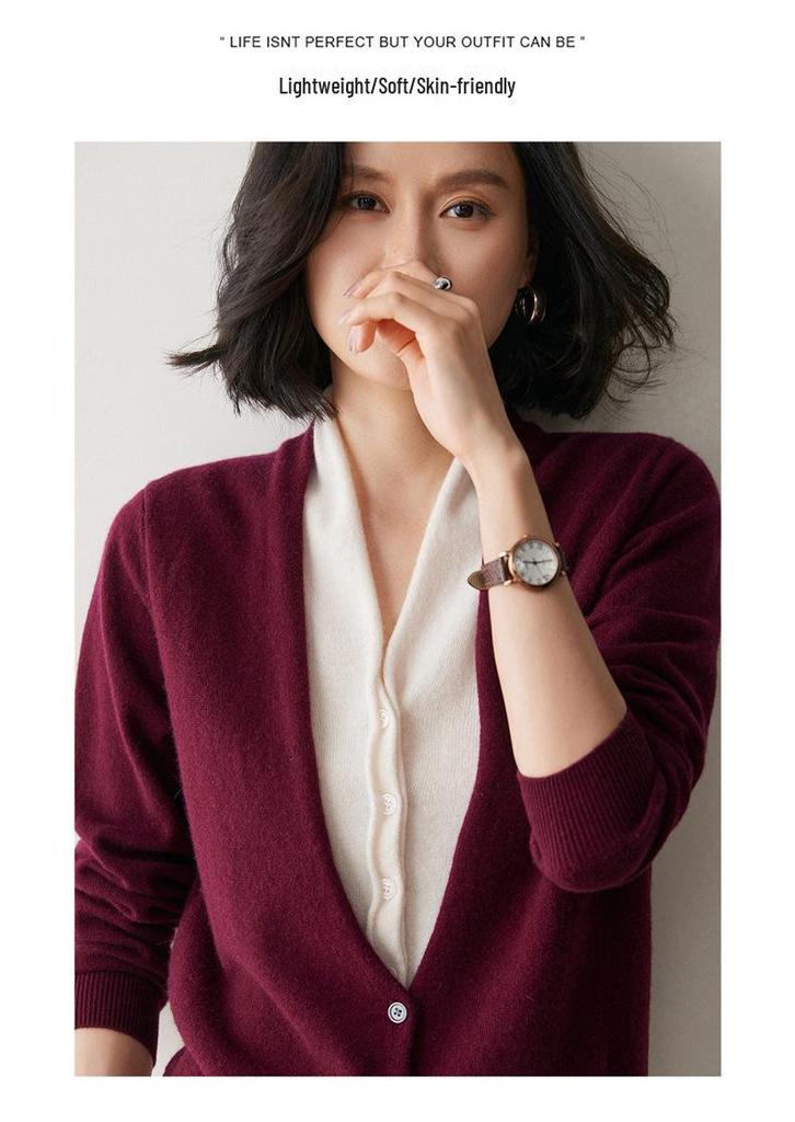 Autumn-Winter Women's V-neck Color Block Cashmere Cardigan - Elegant Two-Piece Knit Sweater