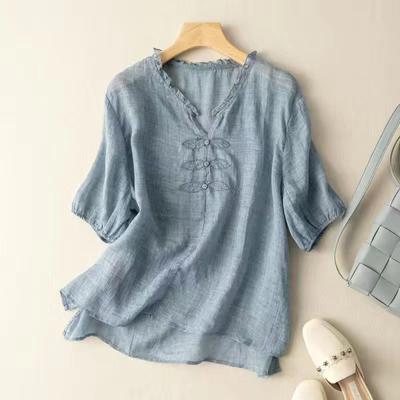 Embroidered V Neck Short Sleeved T Shirt Women Summer Thin Black Fungus Wrinkles Loose Breathable
