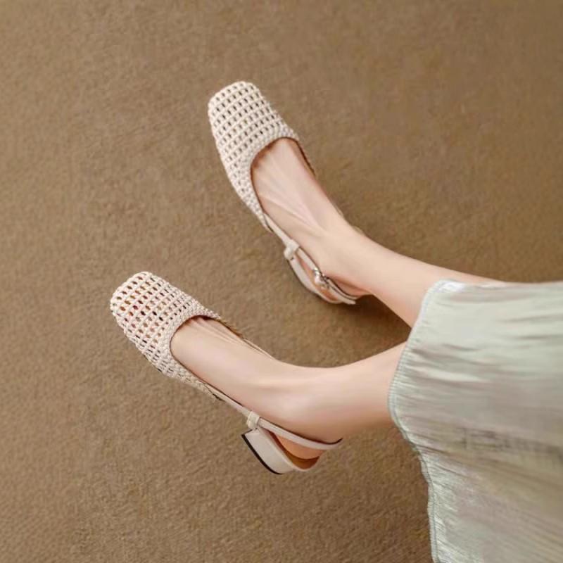 

French beautiful breathable hollow soft leather bag head sandals women s summer thick heel back hollow woven skirt Roman sandals 35