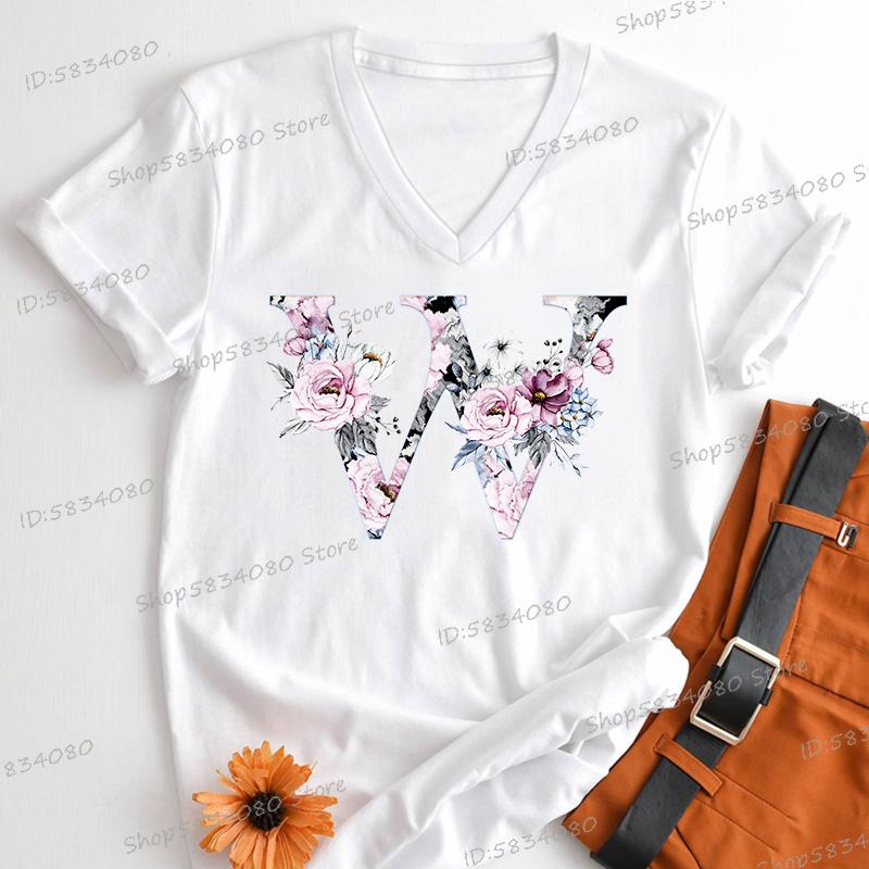 Watercolor Letter C Print Women Vneck Tshirts 26 Initials Flower Retro Classic Tops Alphabet Floral Womens Birthday Gift Tees