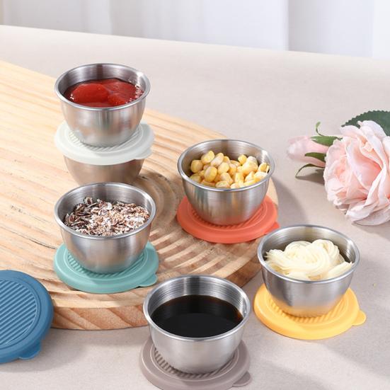 3/6Pcs Sauce Cups Salad Dressing Containers 50ml Reusable Leak-Proof Stainless Steel Sauce Containers with Silicone Lids