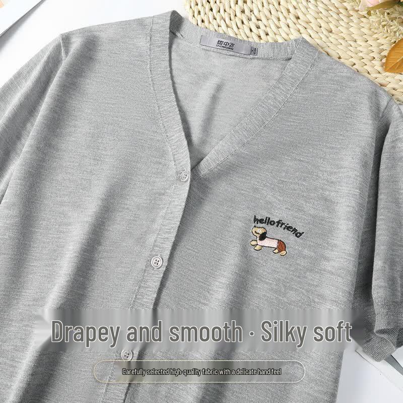 

SNOWFLYING Women s V-Neck Short Sleeve Knit Cardigan with Dog Embroidery L