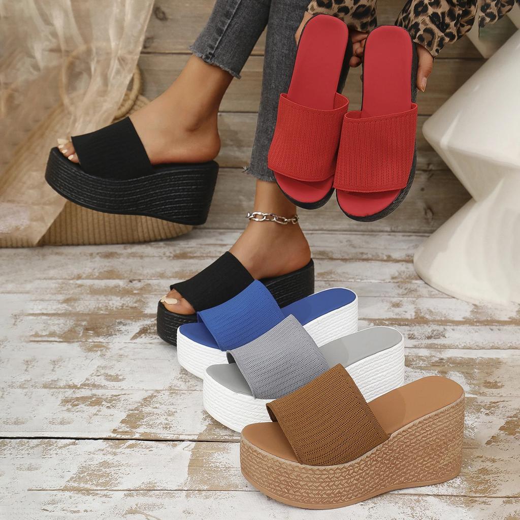 Fashion Elastic Fabric Chunky Platform Slippers for Women Thick Bottom Non Slip Summer Sandals Woman Fashion Wedge Heel Sandalias Mujer
