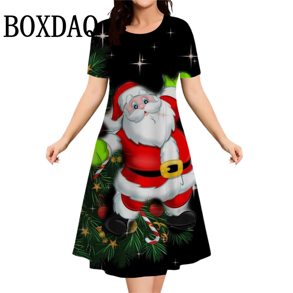 Christmas Tree Print Women Dresses 2026 New Fashion Cute Santa Claus Casual Short Sleeve O-Neck Loose A-Line Party Dress Vestido