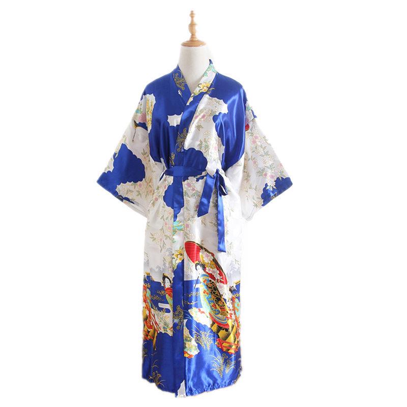Cămașă de noapte pentru femei în stil kimono Halat de baie lung de mătase cu centură Haine japoneze Pijamale din mătase cu imprimeu de păun