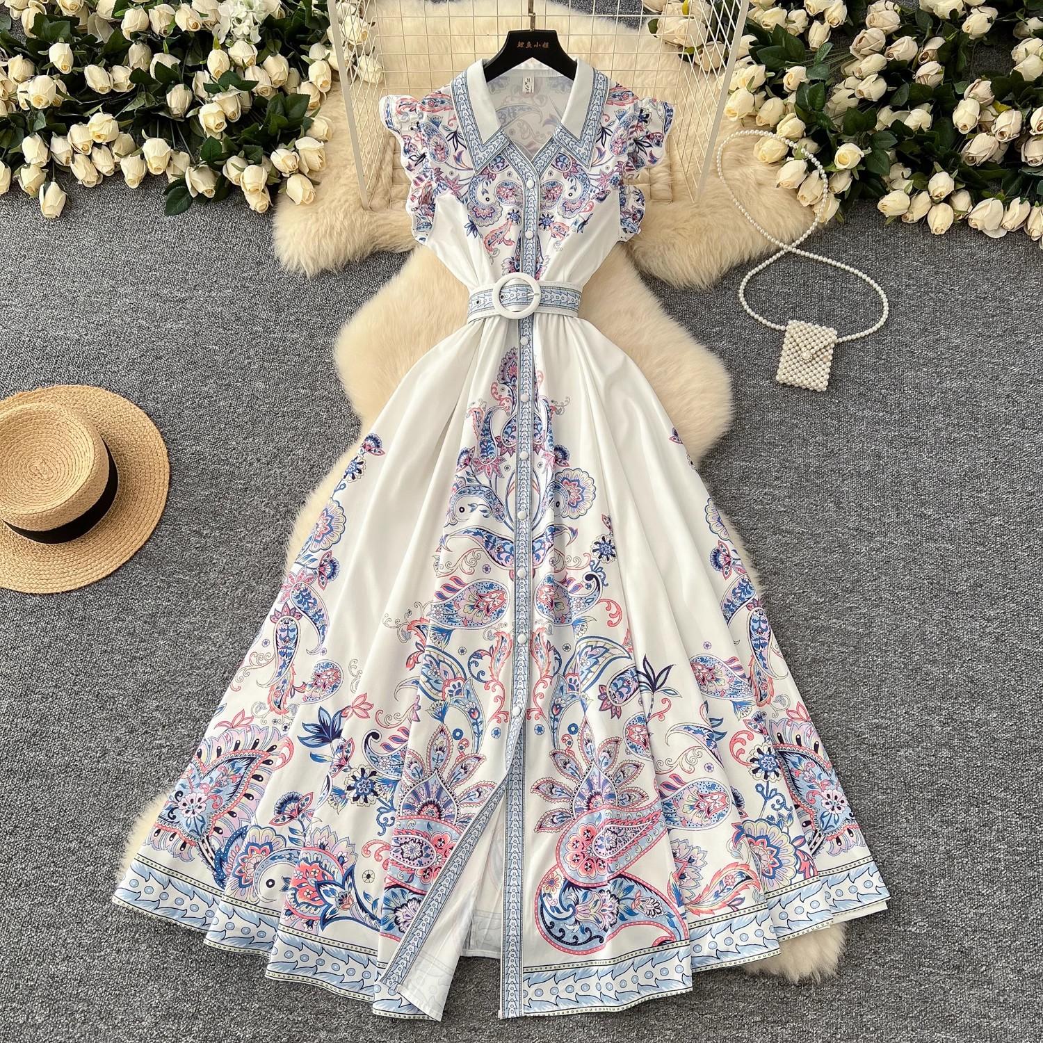 

Новые летние женские платья Pirnt с отложным воротником и рукавами-крылышками, однобортные платья в стиле бохо для праздников S бежевый