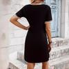 V Neck Lace Patch Solid Short Sleeve Slim Fit A Line Dress