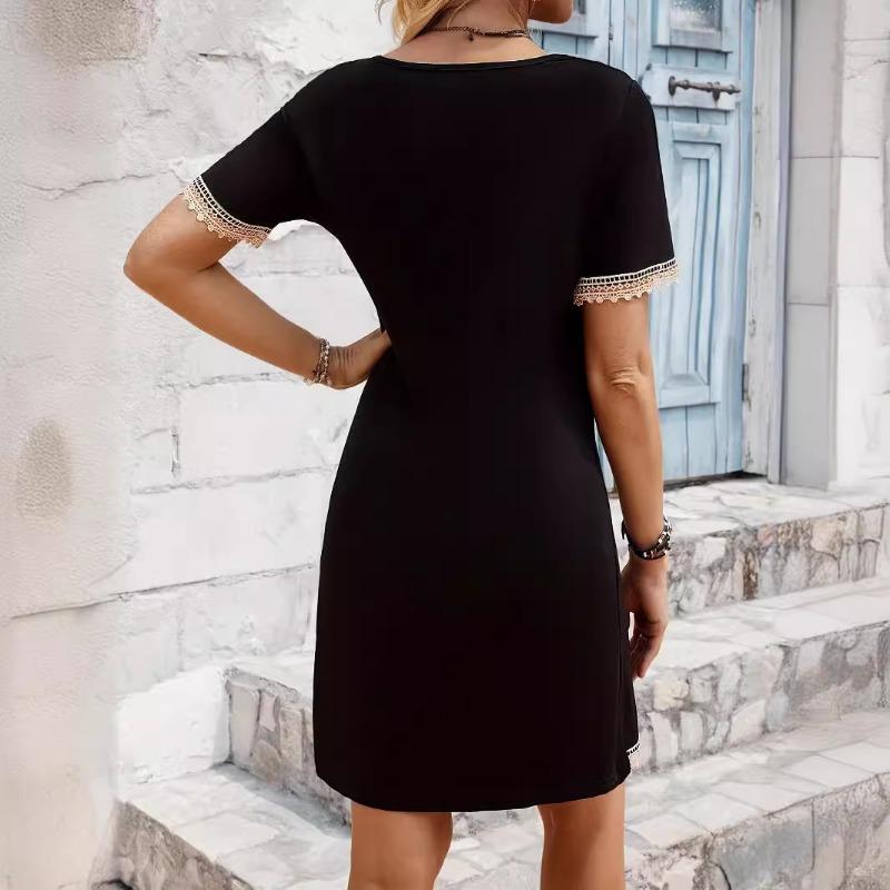 V Neck Lace Patch Solid Short Sleeve Slim Fit A Line Dress