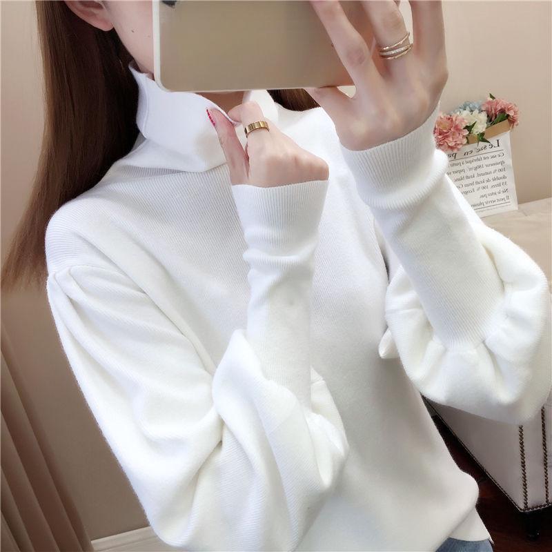 Pofulove Women's Turtleneck Pullover Sweater Autumn Winter Loose Plus Size Lantern Sleeves Knit Jumper