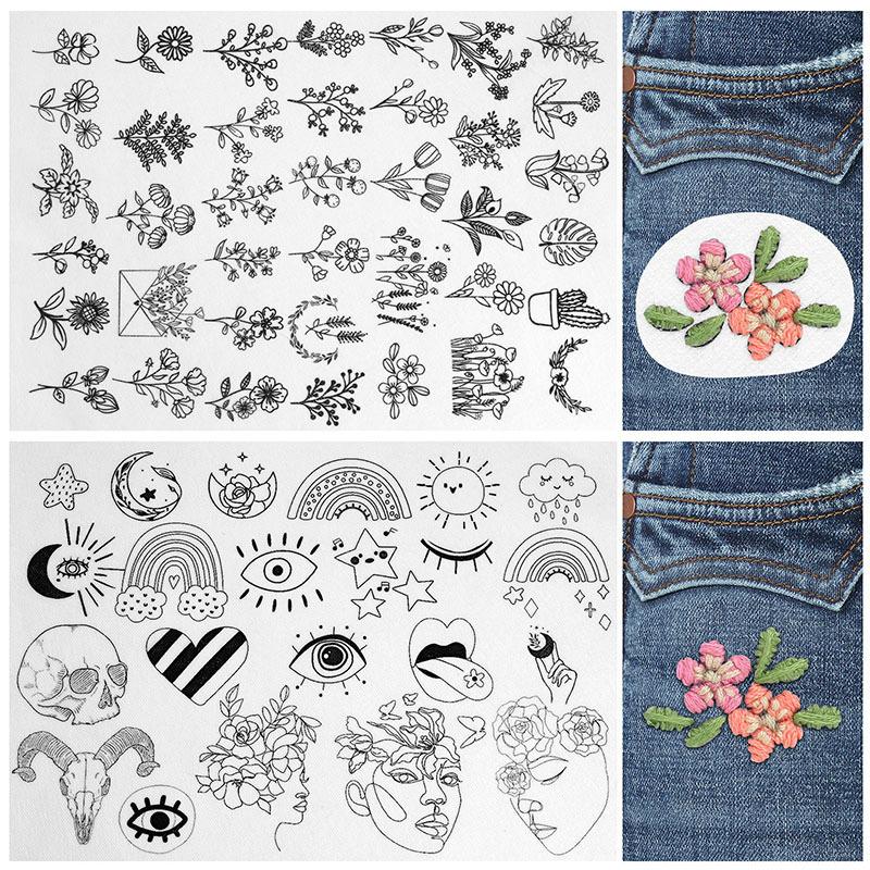 DIY Water Soluble Embroidery PatternWash Away with Pre-Printed Pattern Designs Stencils Transfers for Hand Sewing Lover Beginner