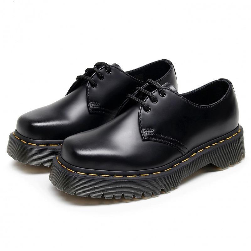 1 thick bottom hole small leather shoes women, low-top leather British square head casual student medium thick muffin