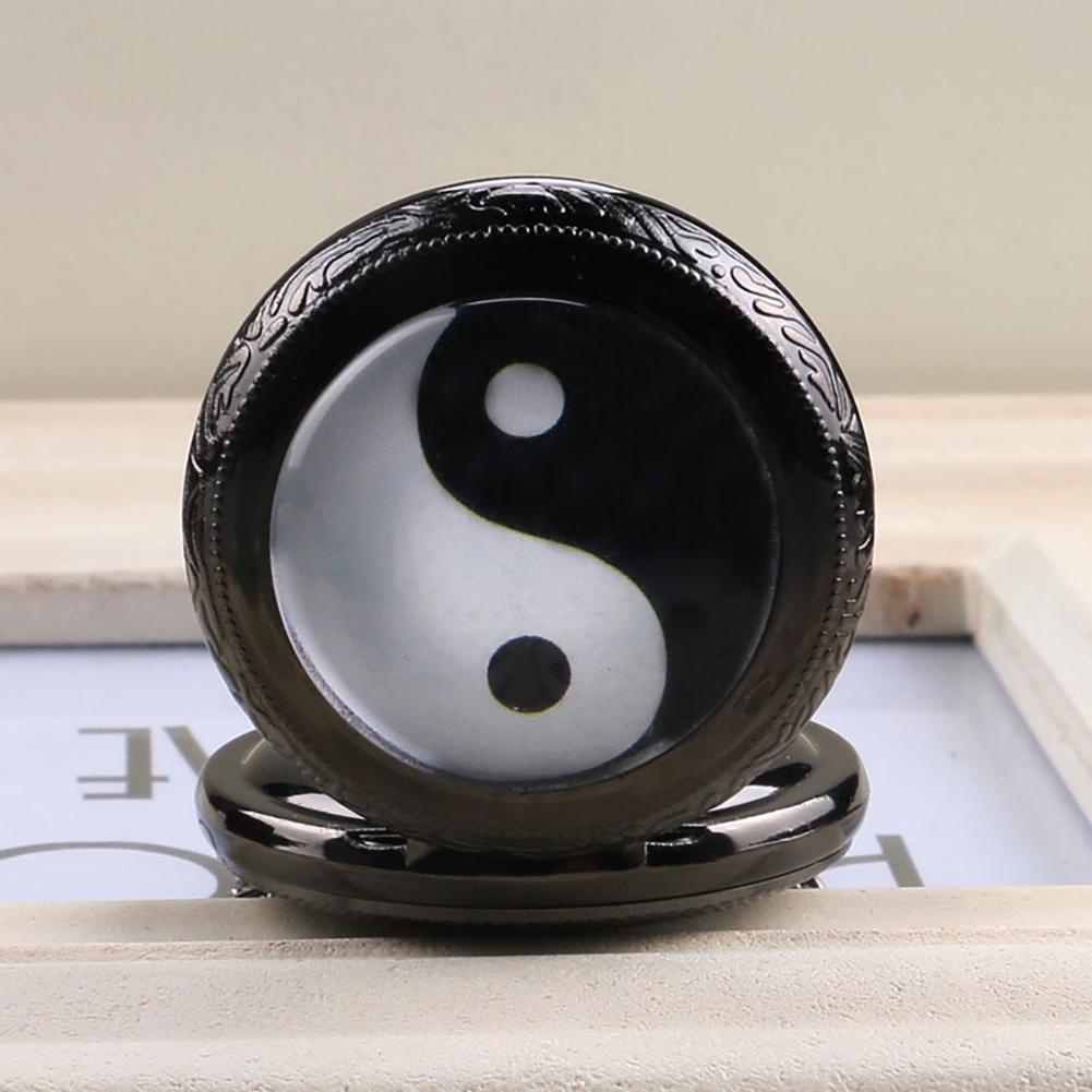 Black and White Tai Chi Snap Button Quartz Pocket Watch Yin Yang Jewelry Steampunk Medium Size Necklace Chain Collectibles Gifts