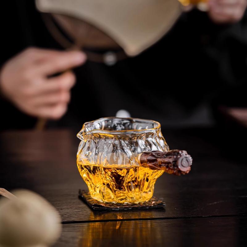 Chinese Kung Fu Tea Sea Teapot Glass Teacup Coffee Milk Pot, Wooden Handle, Glass Teapot