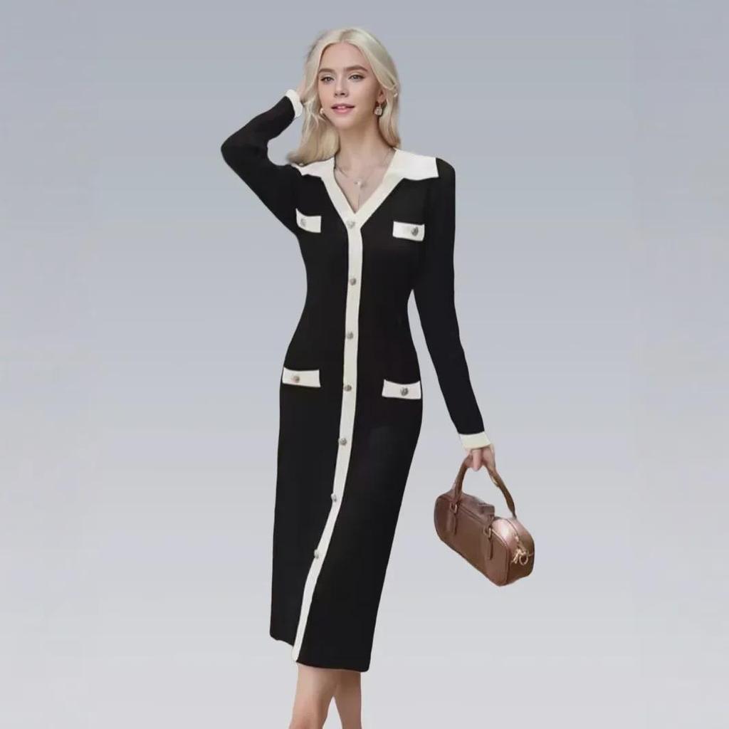 Korean Chic V-Neck Slim Fit Knitted Dress - Spring & Autumn 2025 Collection