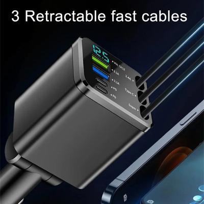 Cargador de Coche Retráctil 7 en 1 Adaptador de Coche de Carga Rápida con Pantalla Digital 2 Puertos USB 2 Puertos Tipo-C 3 Cables Fuente de Alimentación