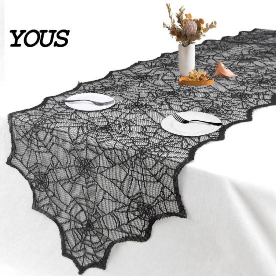 Polyester Lace Runner Spider Web Table Runner, Black Gothic Party Decor Cobweb for Halloween Dining Decoration