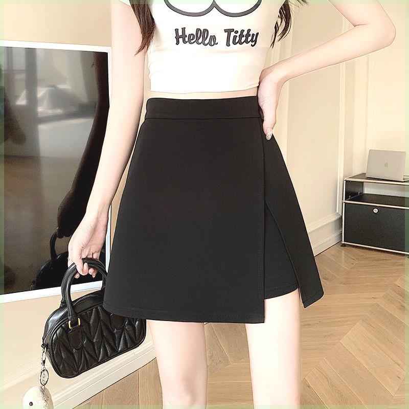 

2024 Summer Women s Black A-Line Slit Midi Skirt - Slimming, Hip-Hugging Design S