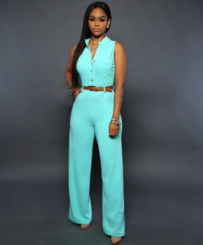 Women's Single-Breasted High Waist Belted Wide Leg Jumpsuit