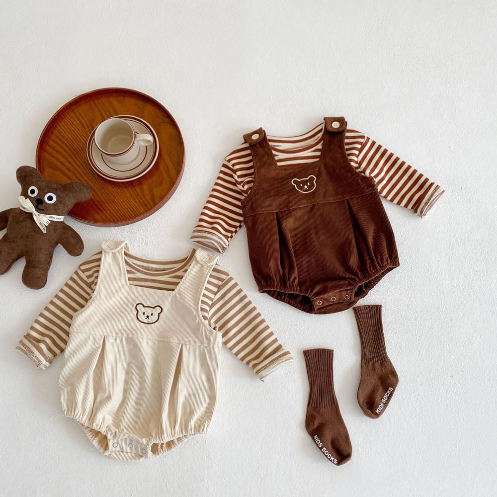 Baby koi Baby Clothes Overalls Tops Spring Autumn Clothes Bodysuit Girls Onesie Long Sleeve Shirt Top and Bottom Set Baby Birthday Gift Border Coffee