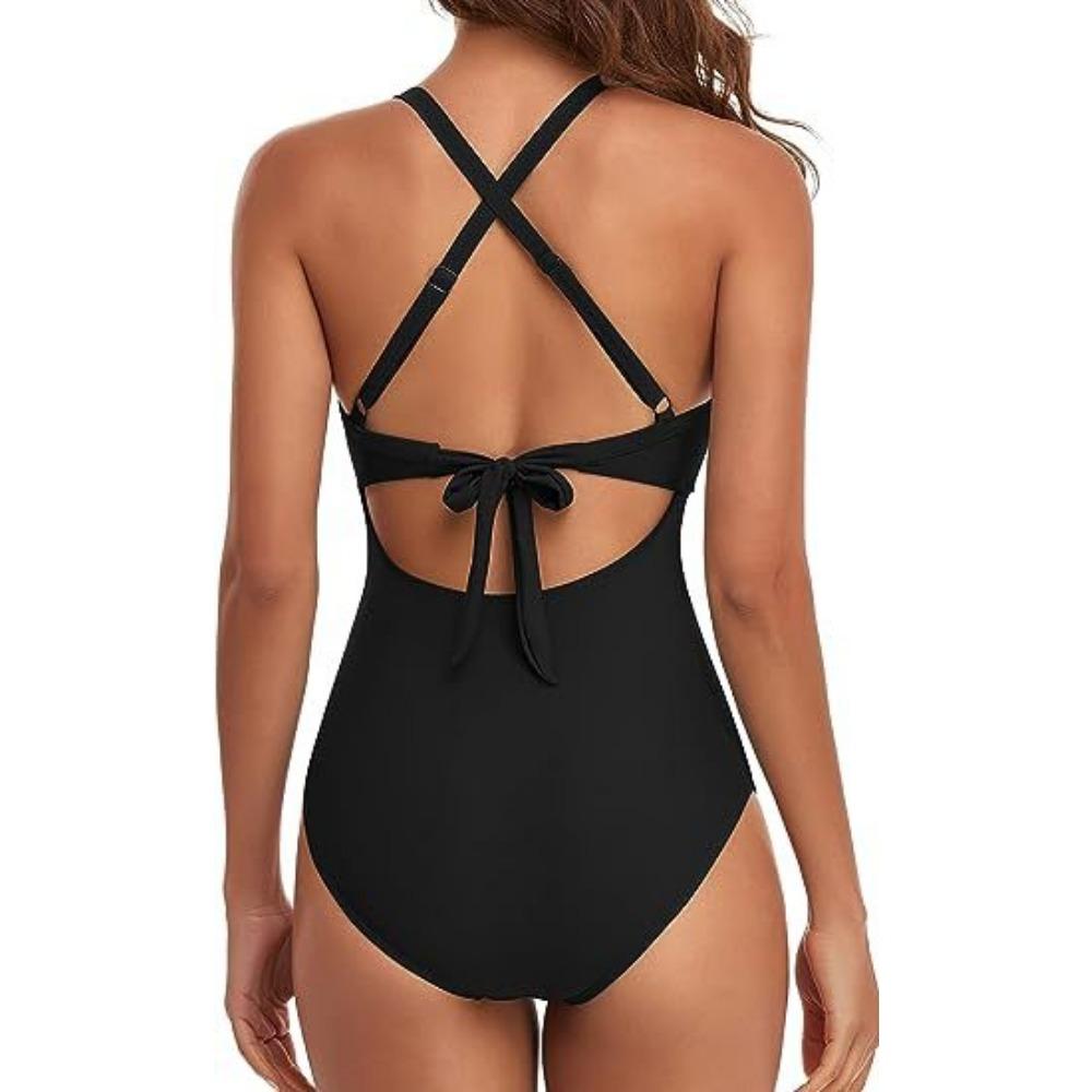 One-piece Solid Color Swimsuit Women's European and American Backless Splicing Sexy Swimsuit Cross Leopard Print Straps