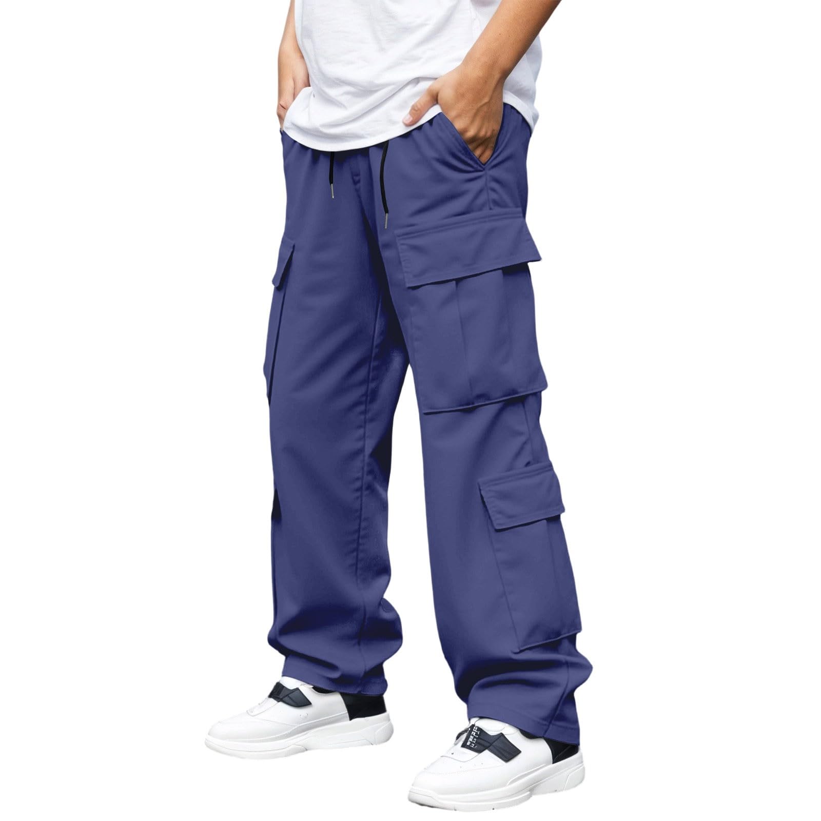 Men s Multi-Pocket Cargo Drawstring Hiking Pants, Loose Fit Casual Athletic Trousers XL тёмно-синий