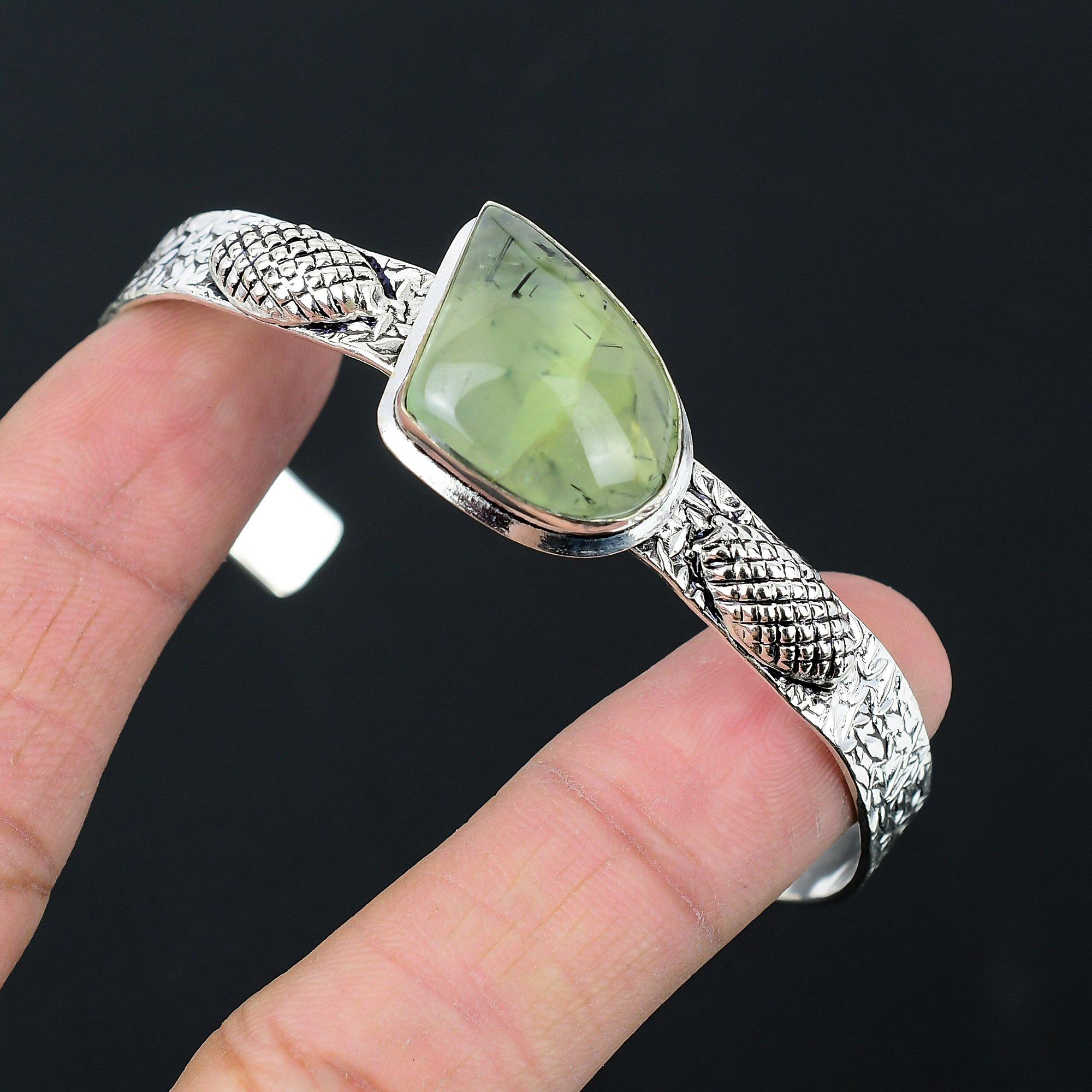 

Sisters Day Sale Trillion Moss Prehnite Gemstone Unique Wife Bangle 925 Silver Adjustable