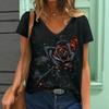 Rose Women's V-Neck T-Shirt Summer Outdoor Fashion Short Sleeve Tops Dark Rose Style OverSize Loose Women's Trendy Clothing