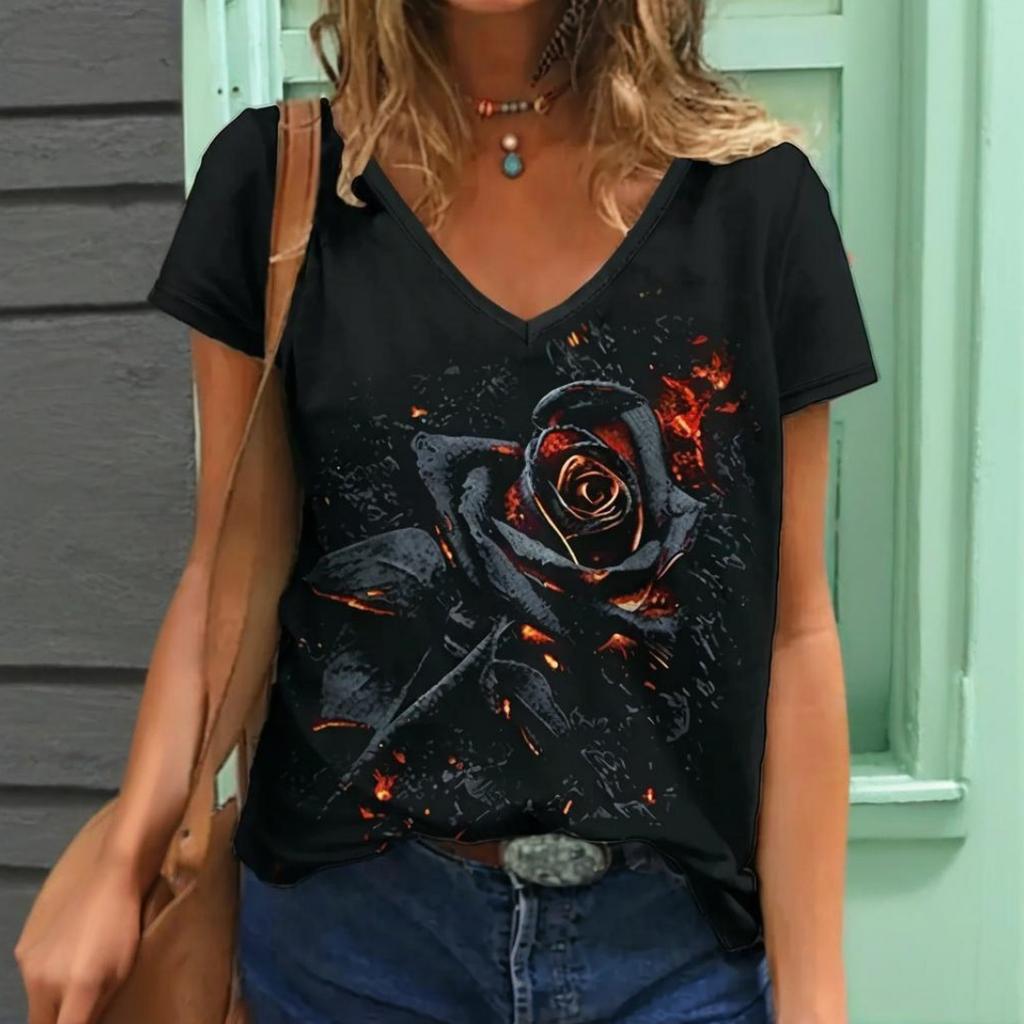 Rose Women's V-Neck T-Shirt Summer Outdoor Fashion Short Sleeve Tops Dark Rose Style OverSize Loose Women's Trendy Clothing