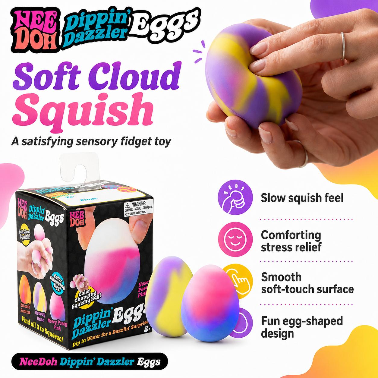 Bai Fen Bai Toys Needoh Dippin Dazzler Eggs 3Pcs Easter Squishy Stress Relief Toy Color Changing Soft Rubber Sensory Fidget Gift