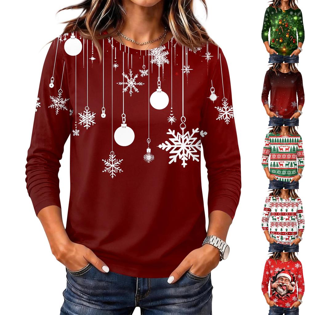 Women's Christmas Print Long Sleeve Neck Pullover Top