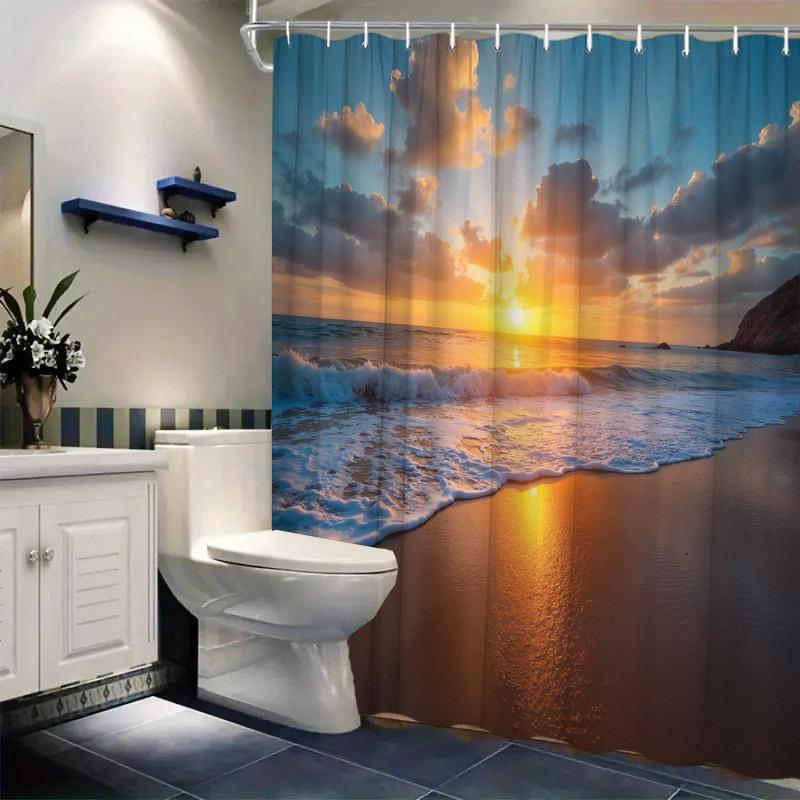 1pc Sunset Beach Shower Curtain - Golden Glow, Gentle Waves, Polyester, 70.8x70.8", 12 Hooks, Coastal Decor