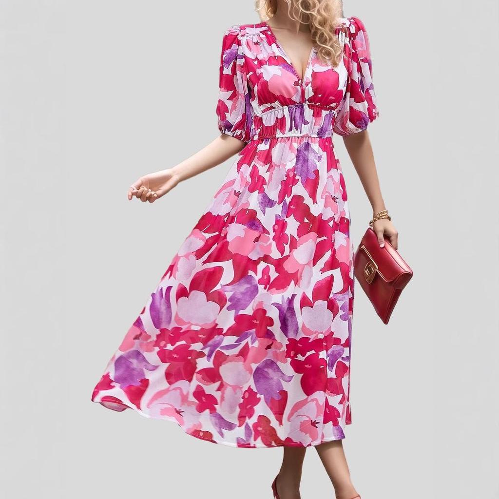 Abito stampato con scollo a V e vita stretta - Moda Primavera/Estate per Donna