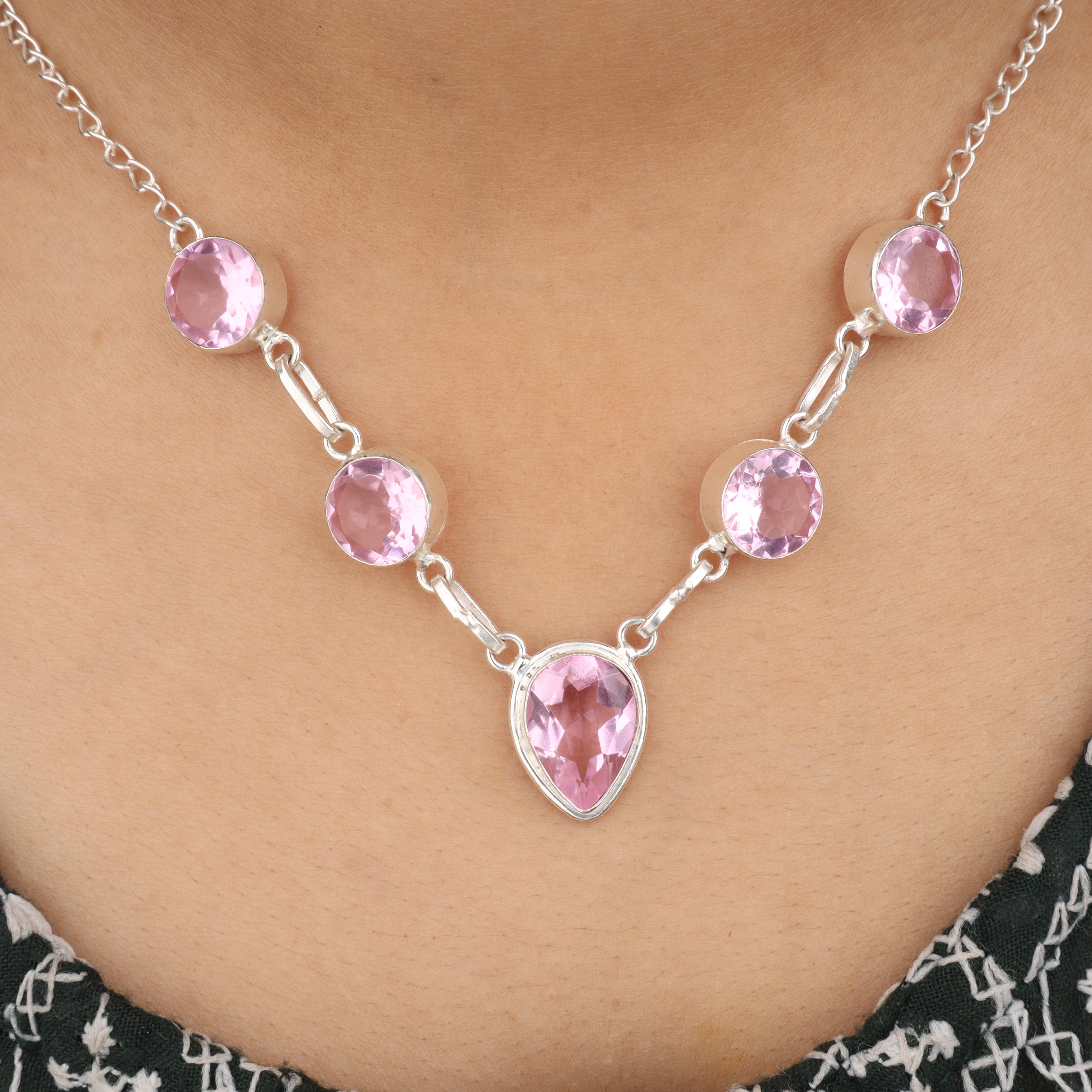 

Морганит Драгоценный камень 925 Стерлинговое серебро Ручная работа Вечернее колье 16-18 Подарок на годовщину RN-3-4