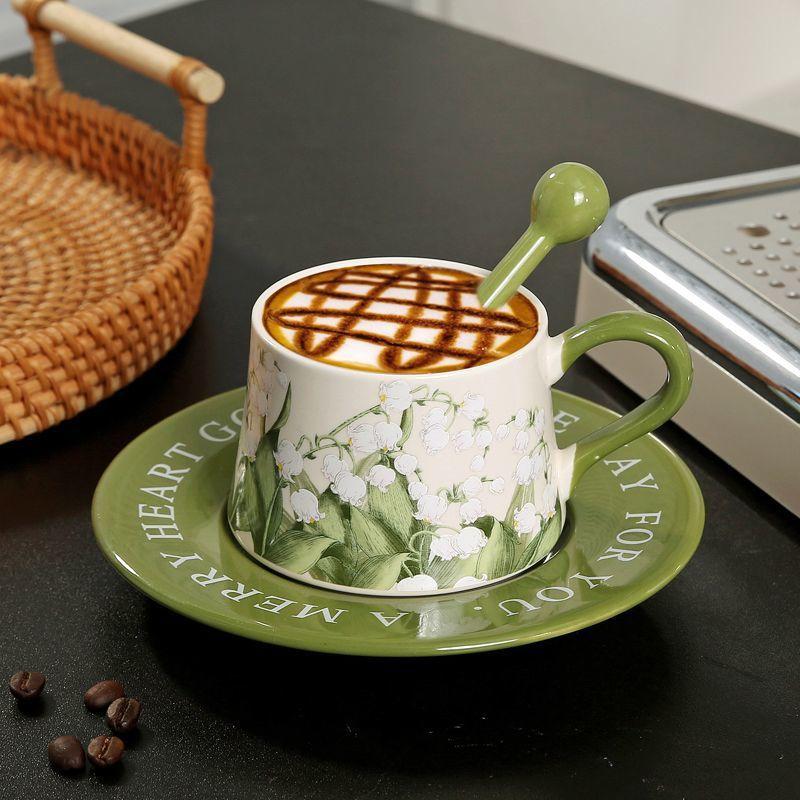 Original Hand Painted Lily of The Valley Flower Ceramic Coffee Cup Saucer Set Niche Latte Cup Afternoon Tea Exquisite Souvenir Gift