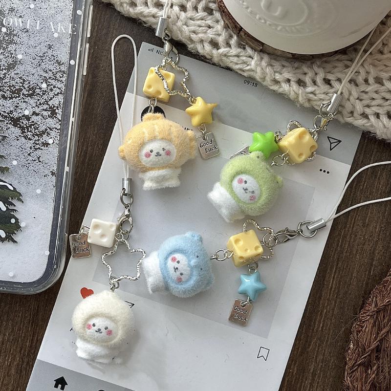 Cute Cartoon Flocking Little Bear Keychain Kawaii Pesin Mobile Phone Rope Pendant Backpack Decoration Pendant Accessories Gift