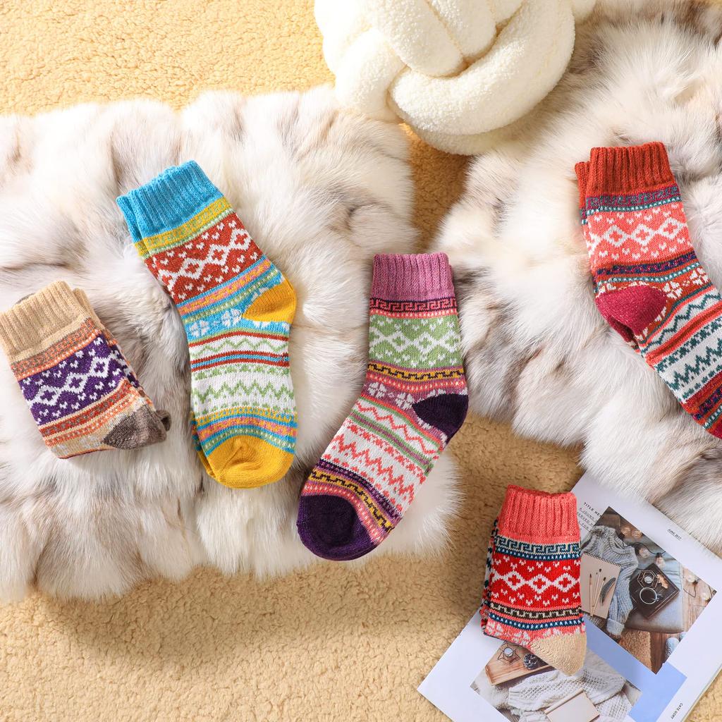 5 Pairs Winter Women Socks Vintage Style Knit Wool Casual Socks Thick Warm Colorful Socks