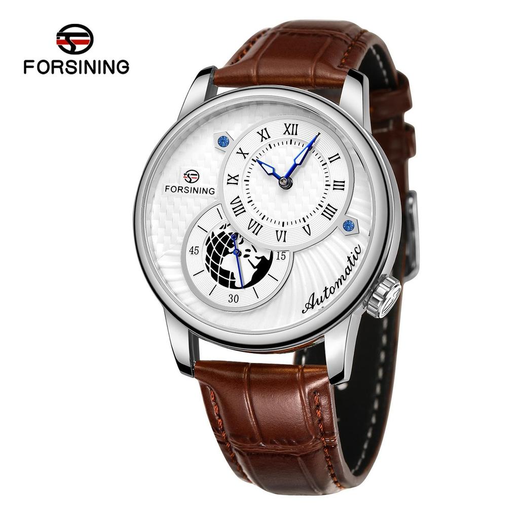 Forsining Men' S Mechanical Watch Fashion Double Dial Automatic Winding Men Wristwatches Sport Genuine Leather Clock For Man