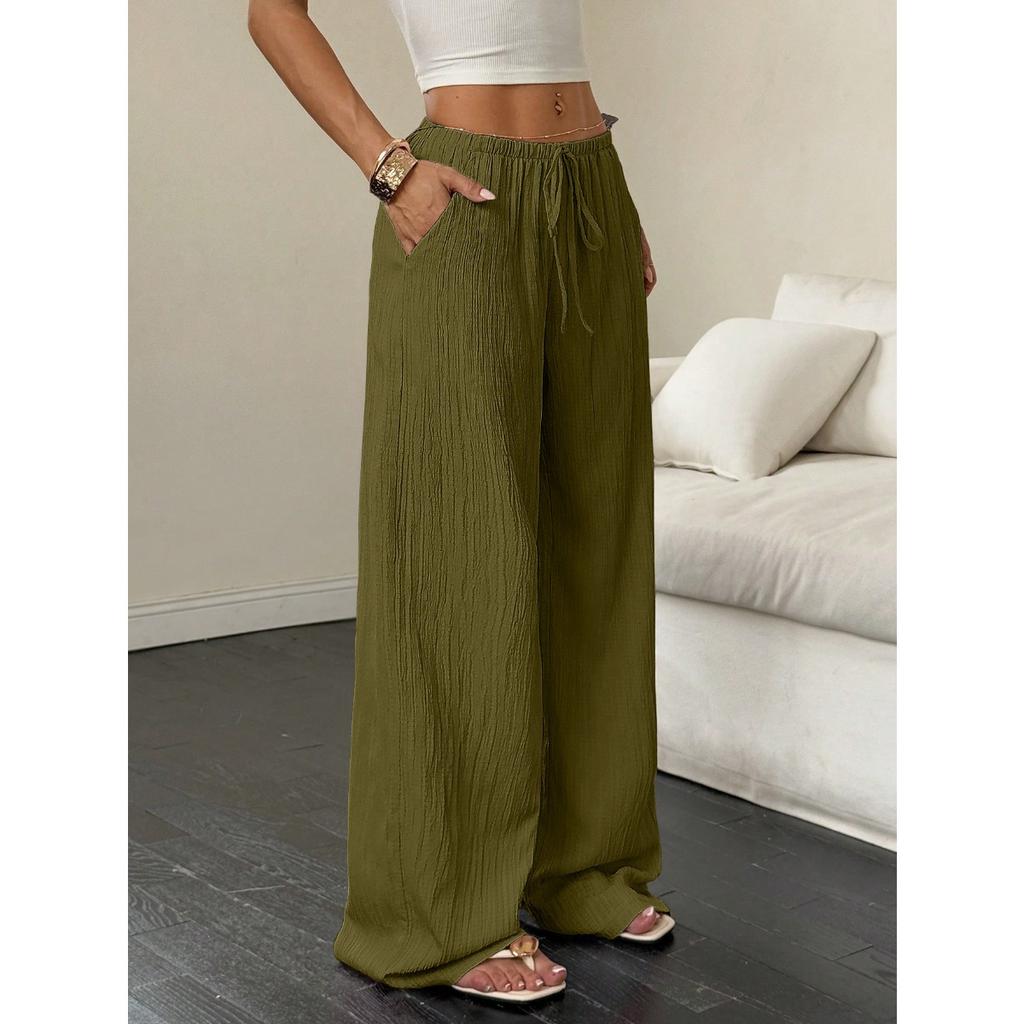 New Women's Casual Solid Color Textured Fabric Knotted Waist Slanted Pocket Wide Leg Pants