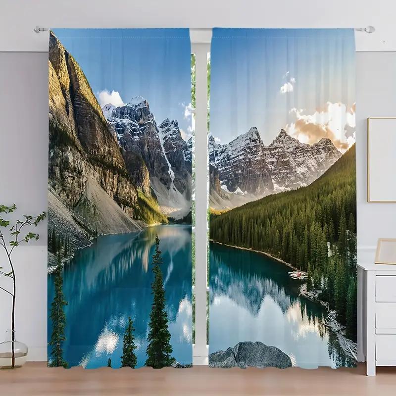 2pcs Breathtaking Mountain Lake Printed Curtains, Designed for Light Filtering, Quality Material, Ideal for Nature-Lover Home Wi