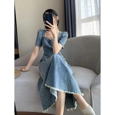 Vestido Jeans Azul Feminino Versátil Design de Verão Retro Francês Slim Gola Quadrada Saia Longa