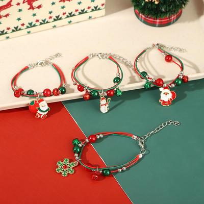 Hand-Woven Christmas Reindeer & Santa Claus Adjustable Bracelet with Snowflake & Bell Charms