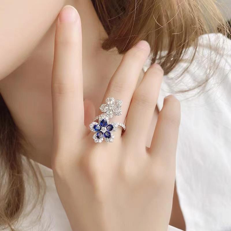 Sapphire Double Flower Women s Adjustable Ring - Trendy Xiaohongshu Recommended Unique Design Adjustable Opening