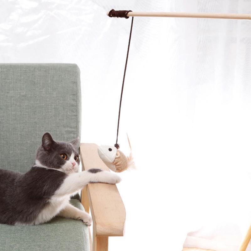 Interactive Gray/White Linen Mouse Cat Wand with Wooden Rod and Handle
