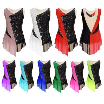 Costum de balet strălucitor pentru fete, cu blocuri de culoare și strasuri, plasă transparentă, patchwork, fără mâneci, body, îmbrăcăminte pentru dans și gimnastică