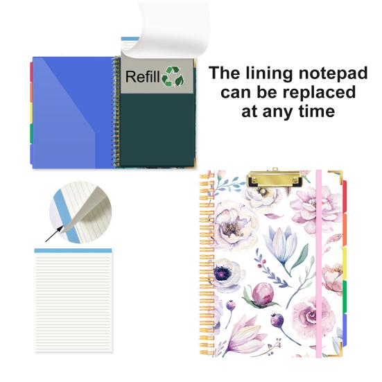 Clipboard Folio with Refillable Notepad Letter Size 5 Dividers Side Pockets Twin-wire Binding Elastic Band Colorful Label Index Spiral